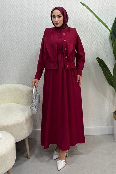 Tesettür Diyarı Women's Summer Thin Fabric Top with Jacket Gilet Dress-Burgundy