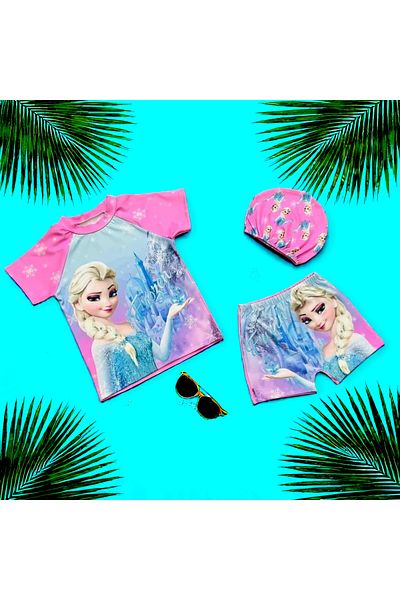 MİLAYS LİFE HOME COLLECTİON Girl's 3 Piece Bonneted T-Shirt Shorts Sea and Pool Swimsuit