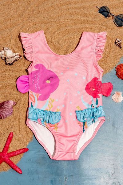 Minigimin Cicileri My Little One's Cicileri (3-7 Years) Fish Patterned Girl's Swimsuit with Ruffle Detail - Light Pink