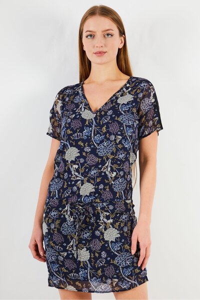 İkks فستان نسائي قصير مطبوع عليه زهور بفتحة رقبة على شكل حرف V، أزرق داكن