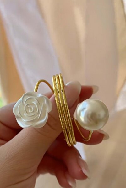 Jenisa Set of 6 Gold Color Napkin Holders with Pearl and Rose Detail – Special Design Napkin Ring for Stylish Tables