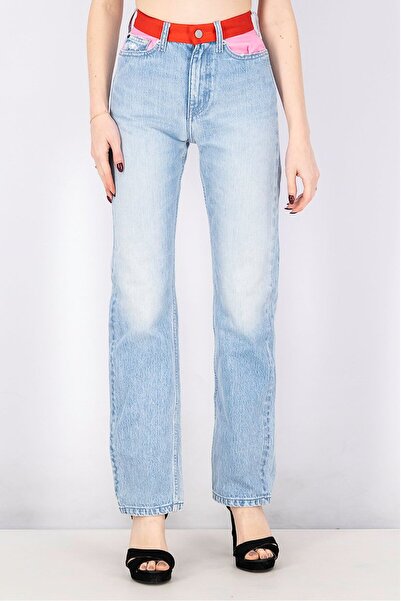 Calvin Klein Jeans بنطلون جينز نسائي مستقيم الخصر، لون أزرق