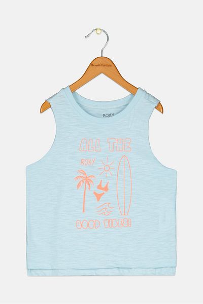 Roxy Kids Girl Round Neck Graphic Print Sleeveless Tank Top, Light Blue