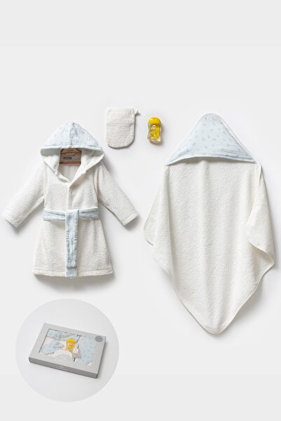 Cassiope Kapüşonlu Banyo Seti Şampuan Hediyeli 4 Parça Hediye Kutulu Erkek Bebek Bornoz Seti