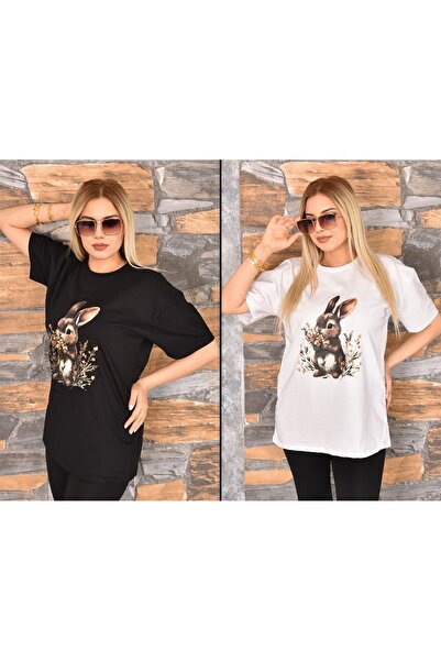 GEZEGENX 2 τεμάχια Rabbit με τύπωμα oversized Γυναικείο μπλουζάκι με λαιμόκοψη