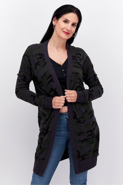 Sanctuary Women Open Front Long Sleeve Camouflage Cardigan, Grey Combo