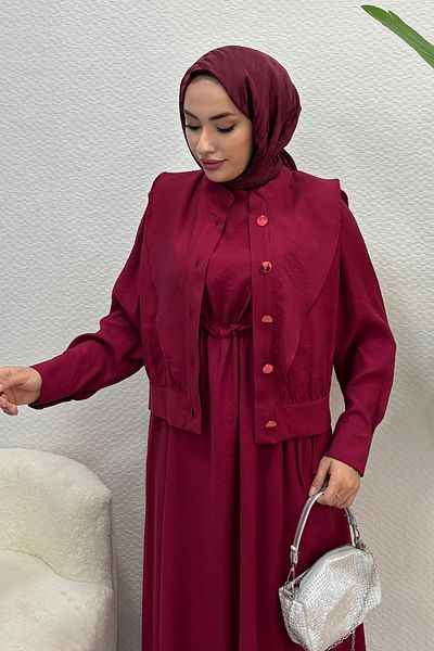 Tesettür Diyarı Women's Summer Thin Fabric Top with Jacket Gilet Dress-Burgundy