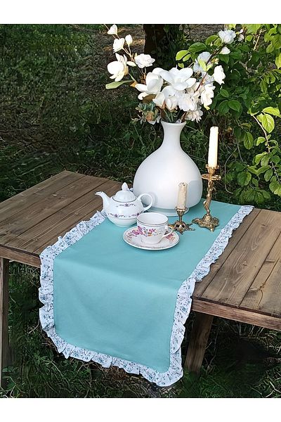 vintagetasarım Runner Floral Volanat Vintage Duck Linen