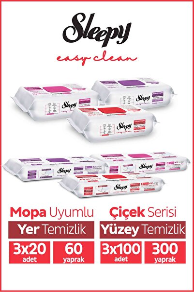 Sleepy Easy Clean Çiçek Serisi 3X100 Yüzey & 3X20 Yer Temizlik Havlusu&Mendili Karma Paket
