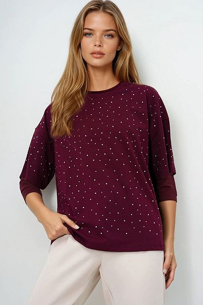 VAGGON Tricou de bază brodat cu piatră pentru femei, burgundă, cu decolteu, Prmx13901