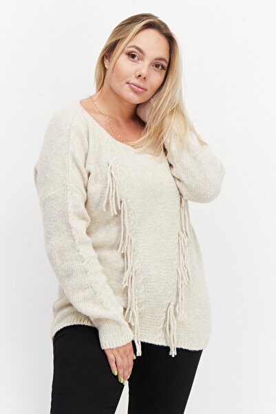 ONE STEP Women Round Neck Long Sleeve Textured Sweater, Beige