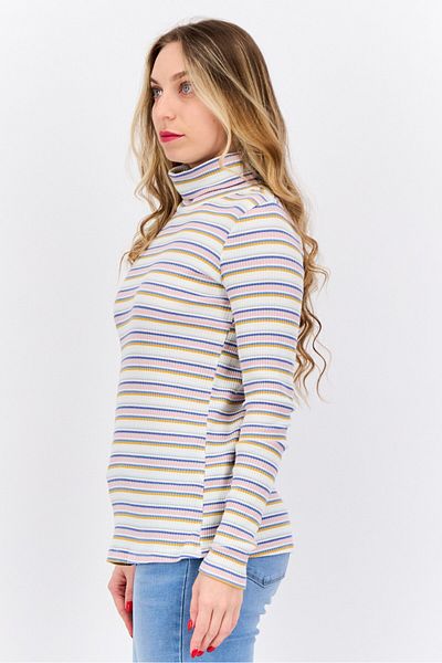 Weatherproof Women Turtle Neck Long Sleeve Stripe Sweatshirt, White Combo