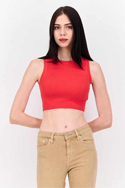 Don't Call Me Jennyfer Women Ribbed Neck Sleeveless Textured Top, Red