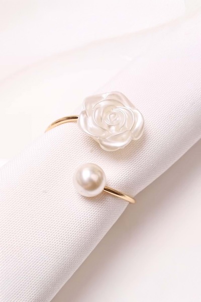 Jenisa Set of 6 Gold Color Napkin Holders with Pearl and Rose Detail – Special Design Napkin Ring for Stylish Tables