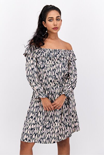 Scotch & Soda Women Allover Print Off Shoulder Neck Mini Dress, Multicolor