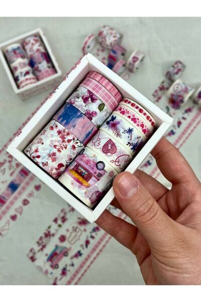 Kağıt Gemi Dükkan Çiçek Ve Kalp Temalı 10'lu Pembe Kutu Washi Bant Set (10*2m)/Washi Tape/Masking Tape/Desenli Bant