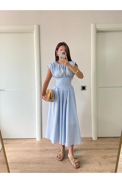 FMN Moda Lightweight Flywheel Shoulder Design Draped Waist Hugging Pinterest Model Midi Length Flared Skirt Fashionable Summer Dress