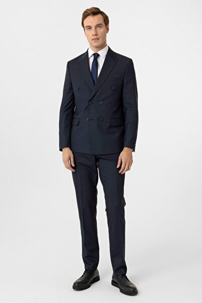SÜVARİ Süvari Slim Fit Striped Navy Blue Double Breasted Suit