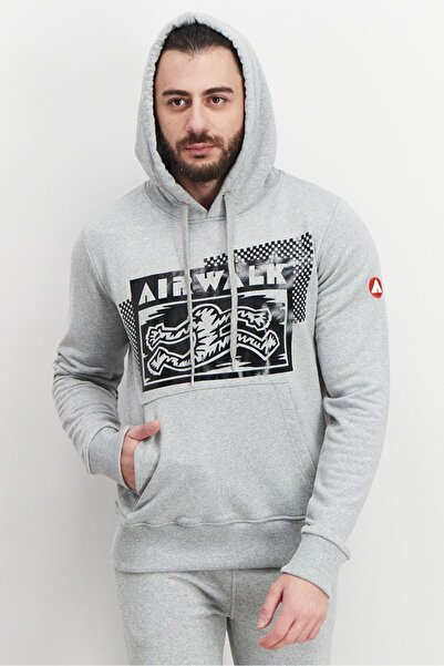 Airwalk Men Hooded Drawstring Printed Long Sleeve Sweatshirts, Grey