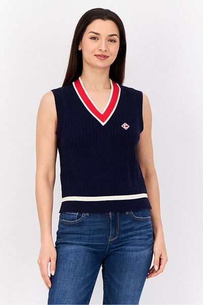 Esprit Women V Neck Knitted Vest Sweater, Navy