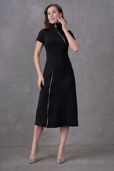 bayansepeti Modern Style Straight Cut Zipper Design Black Midi Length Dress 2175