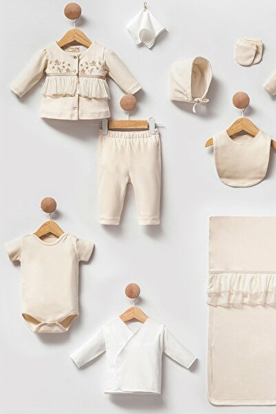 Cassiope Soft Touch Cotton Soft Textured 10 Piece Baby Girl Hospital Discharge Set with Ruffled Embroidery Detail