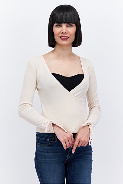 1 State Women Surplice Neck Long Sleeve Knitted Top, Beige