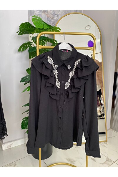 Anka Yakası fırfırlı ve taşlı gömlek