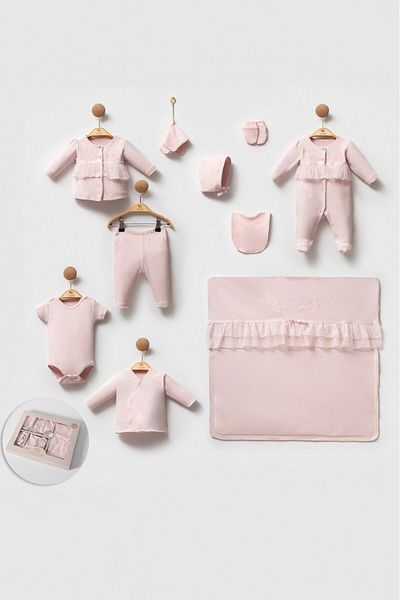 Cassiope Soft Touch Cotton Soft Textured 10 Piece Baby Girl Hospital Discharge Set with Ruffled Embroidery Detail