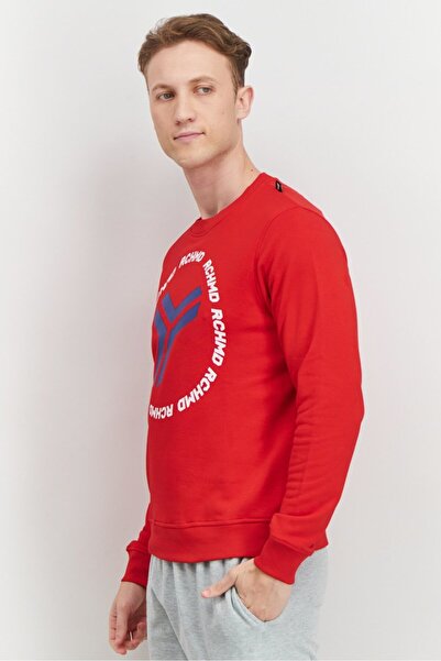 John Richmond Men Sportswear Fit Crew Neck Brand Logo Sweatshirt, Red