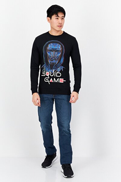 Netflix Men Squid Game Crew Neck Long Sleeve Graphic Print Sweatshirt, Black