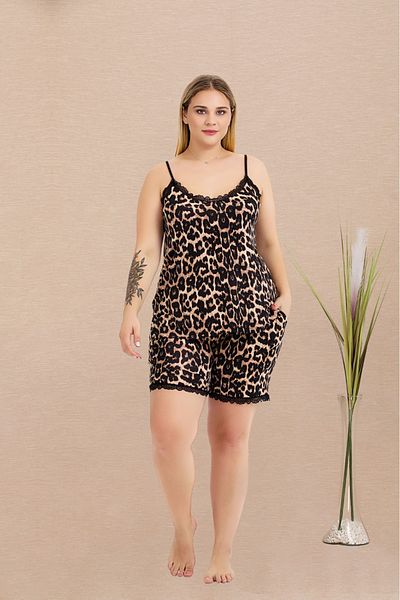 Lady Lingerie Women's Pajama Set with Leopard Pattern, Thin Straps, Oversize Shorts