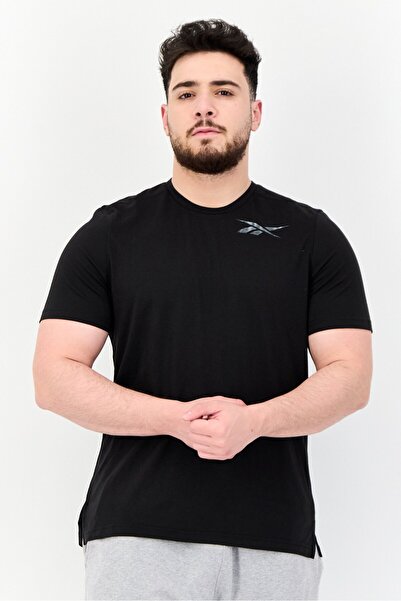 Reebok تي شيرت رجالي رياضي بأكمام قصيرة مناسب للخارج، أسود