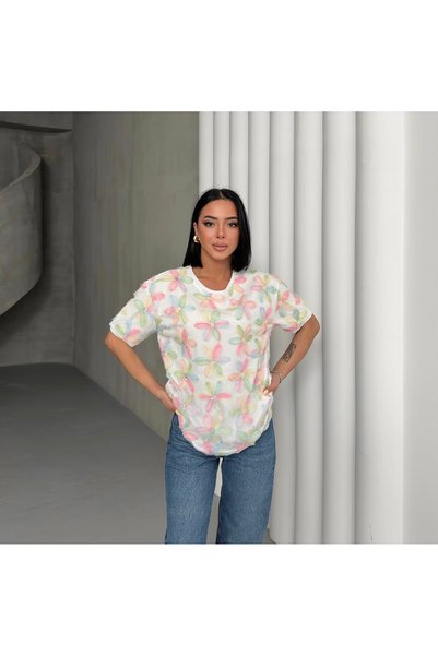 Butik Serdivan Women's Crew Neck Tulle Floral Short Sleeve Cotton T-Shirt Trend New Season with Floral Accessories