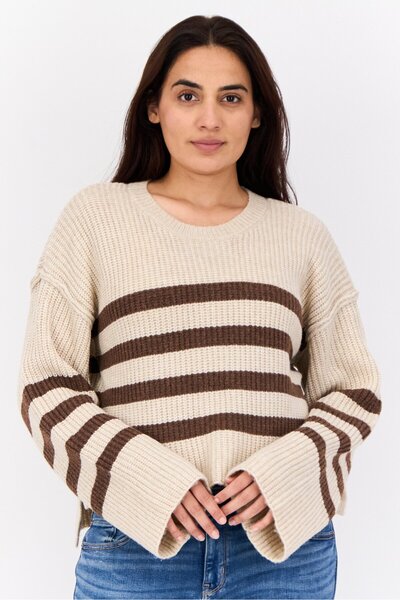 PİNK ROSE Women Crew Neck Stripes Sweater, Beige
