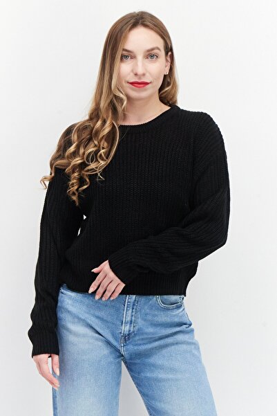 Brave Soul Women Round Neck Long Sleeve Knitted Sweater, Black