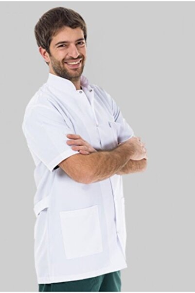DEMOTEKS Halat medical scurt alb pentru bărbați, cu trei buzunare, mâneci scurte, guler tip tunică