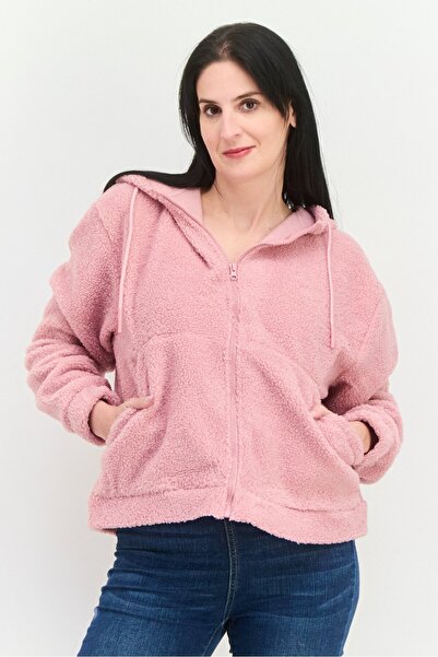 Hype Women Full Zipper Textured Long Sleeve Sweatshirt, Pink