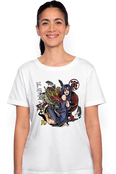 StoryGift Romania Tricou Femei Ilustratie Anime, Dragon, Fata, Simboluri, cu imprimeu pe Fata, 10 WHT_M