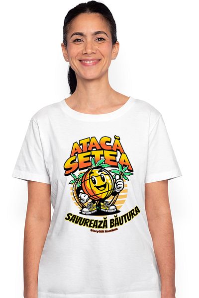 StoryGift Romania Women's T-shirt Attack thirst, enjoy the orange beach drink with print on the front, WHT_S