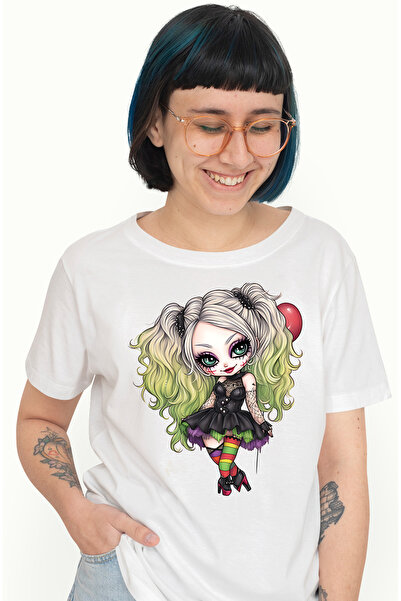 StoryGift Romania Tricou Femei cu o fata emo, ilustratie, par alb si verde, goth, zambeste, vesela WHT_S