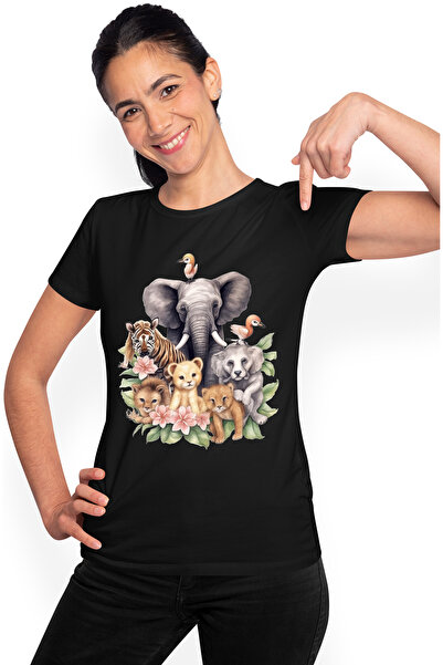 StoryGift Romania Tricou Femei cu animale salbatice in natura, ilustratie, pu...