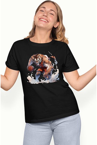 StoryGift Romania Women's T-shirt with a tiger playing basketball, illustration, sport, competition, match BLK_XS