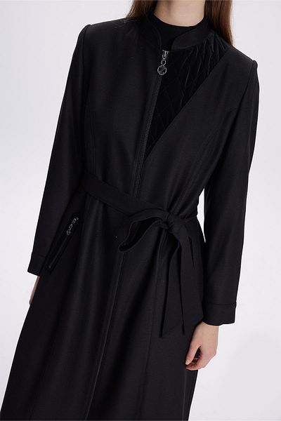 Zühre Black Overcoat with Judge Collar and Zippered Belt Detail 13598