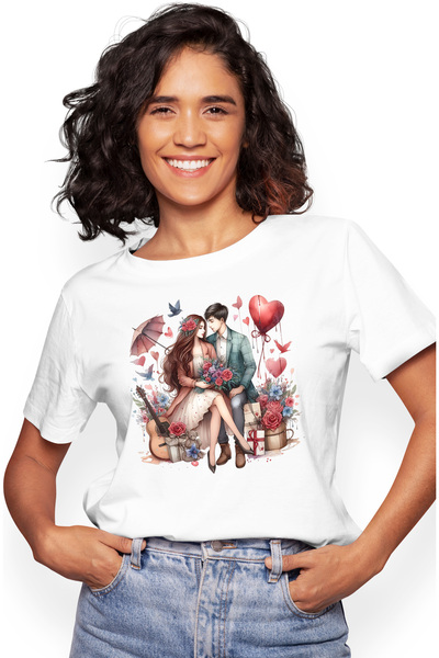 StoryGift Romania Tricou Femei cu o fata si un baiat, ilustratie, buchet cu f...