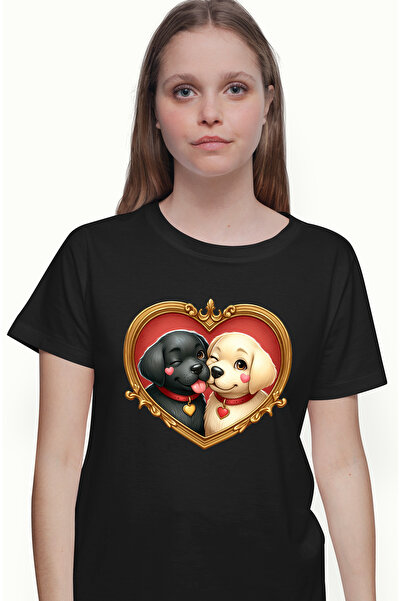 StoryGift Romania Tricou Femei cu o catelusa si un catel, ilustratie, cadru in forma de inima, mar BLK_XS