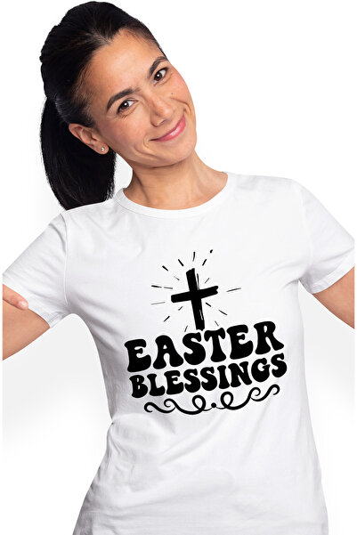 StoryGift Romania Tricou Femei cu o cruce si textul in engleza "Easter blessi...
