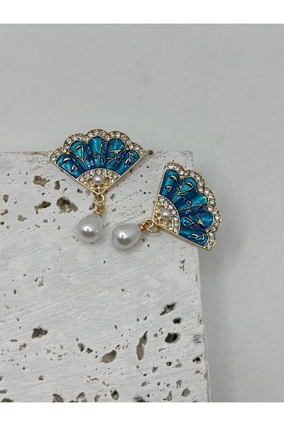 lysiaaccessory اللؤلؤة مفصلة الأقراط مروحة زرقاء