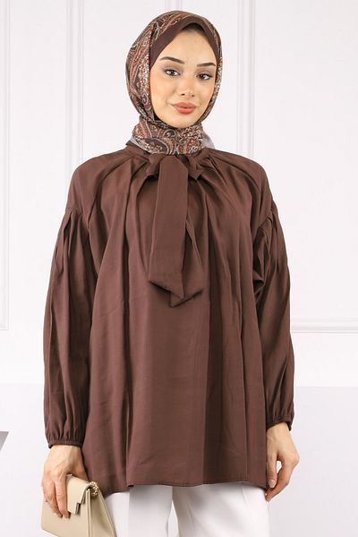 İmajButik Brown Collar Detailed Balloon Sleeve Tunic