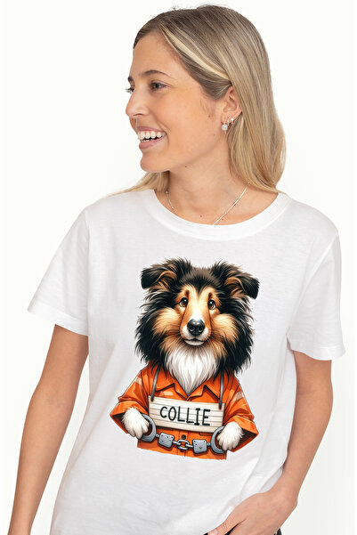 StoryGift Romania Tricou Femei cu un caine Collie la inchisoare, ilustratie, ...